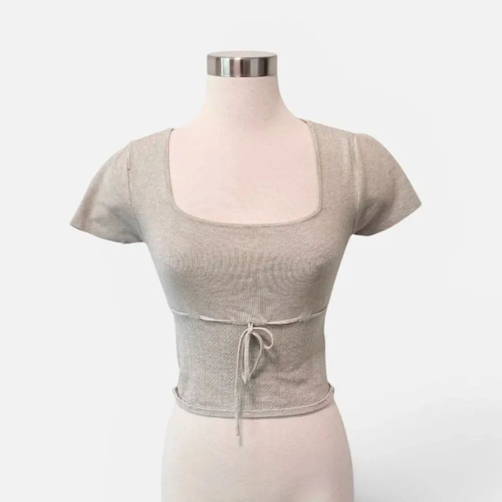 Ultra Flirt Grey Blue Square Neck Top Short Sleeve Tie Eyelet Medium Y2K